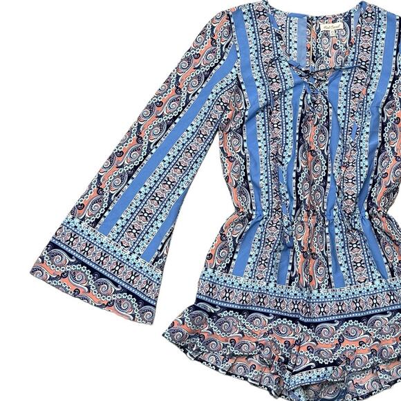 Red Camel Boho Chic Bell Sleeve Blue Romper Size XS - Picture 2 of 4
